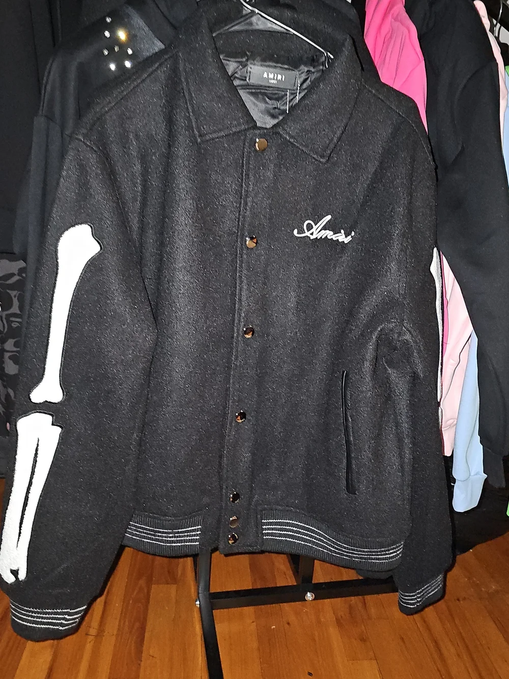 Black Wool Bomber Jacket with White Sleeve Bone Appliqué